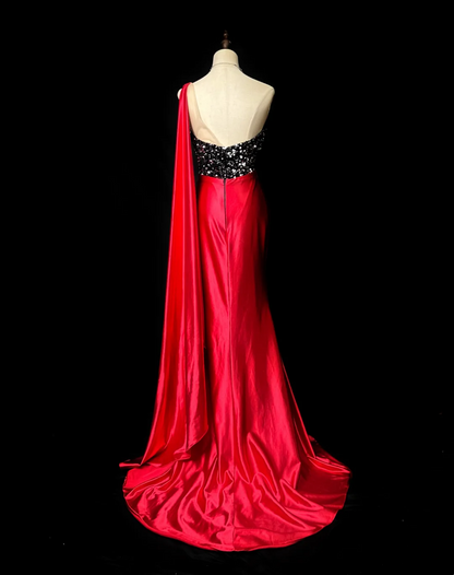 One Shoulder Red Mermaid Satin Prom Dress Elegant Formal Evening Dress  P541