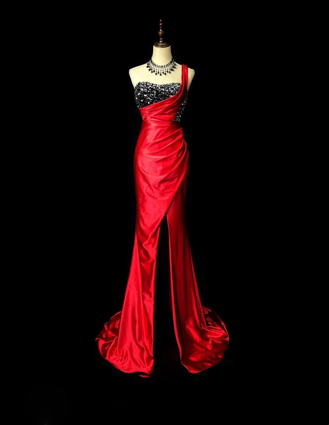 One Shoulder Red Mermaid Satin Prom Dress Elegant Formal Evening Dress  P541