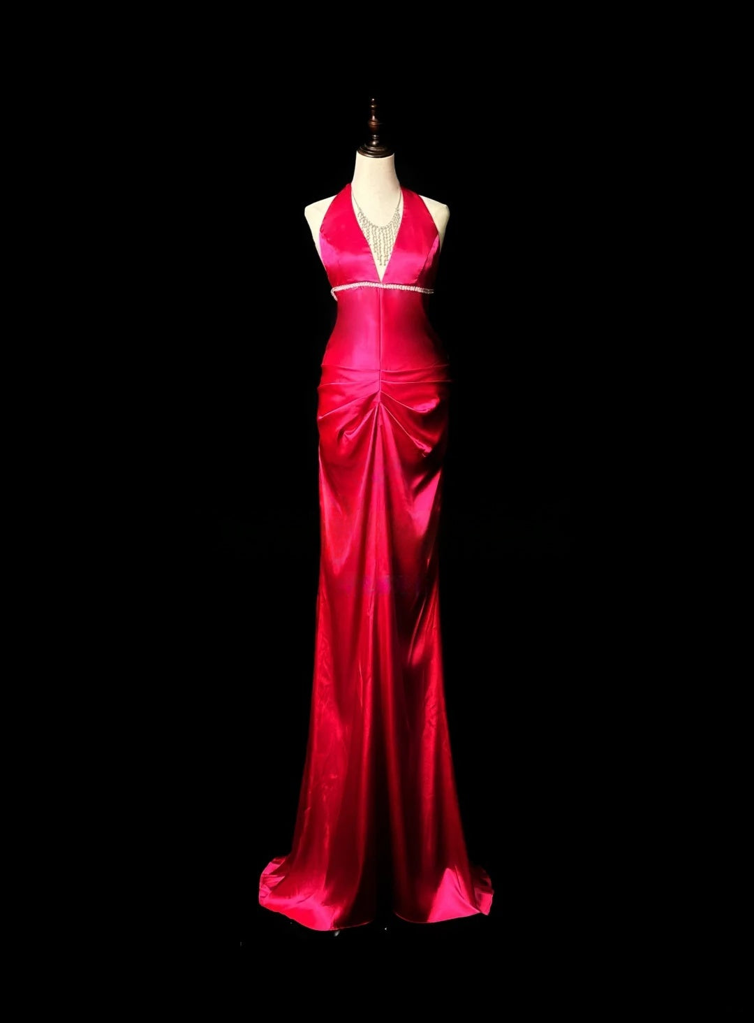 Halter Red Sheath Prom Dress Satin Backless Ruffled Evening Dress  P542