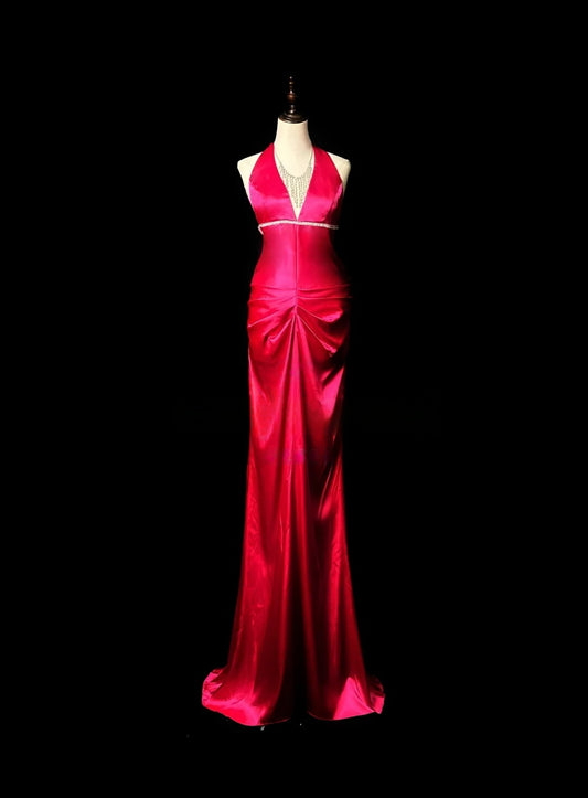 Halter Red Sheath Prom Dress Satin Backless Ruffled Evening Dress  P542