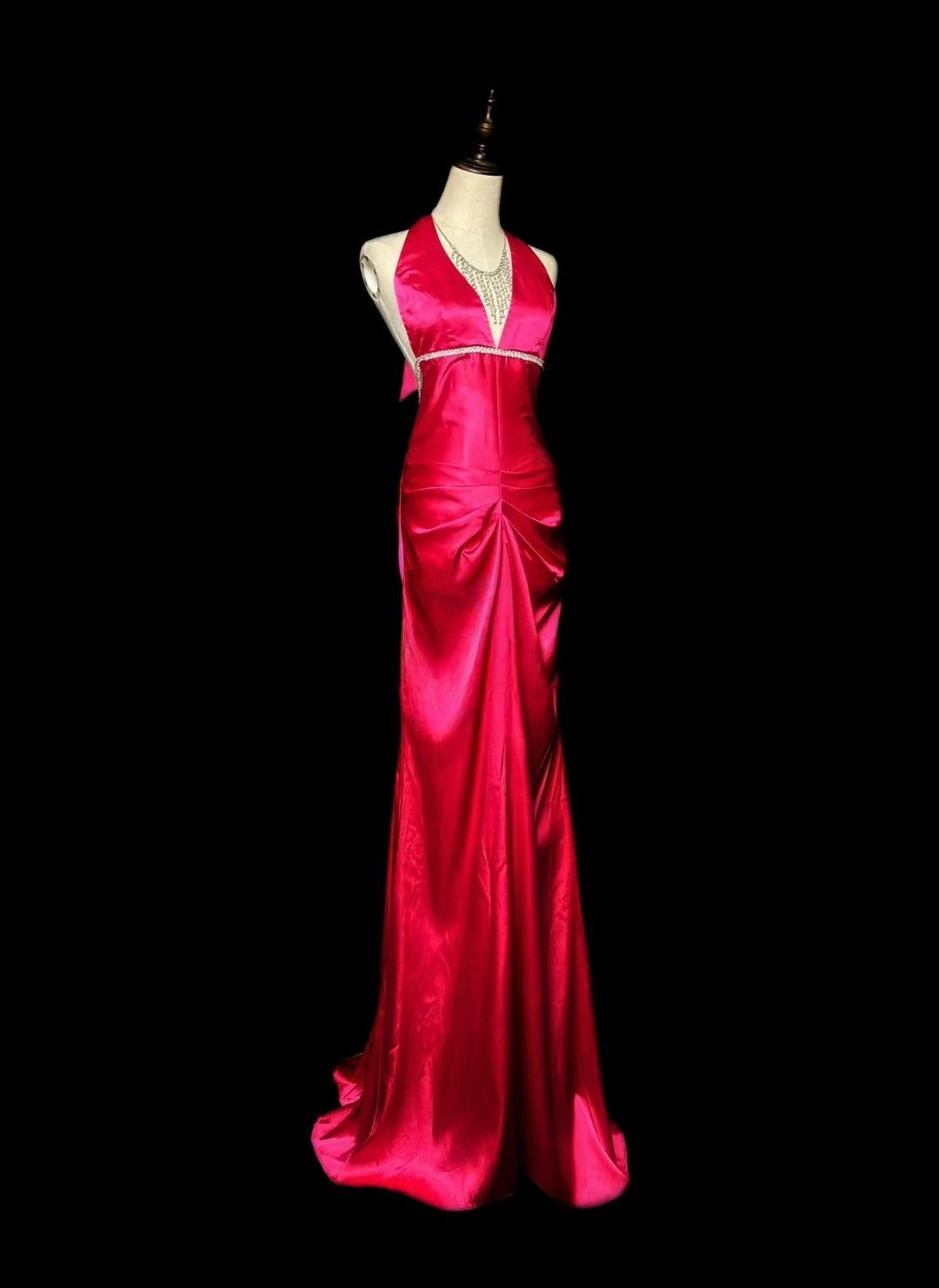 Halter Red Sheath Prom Dress Satin Backless Ruffled Evening Dress  P542