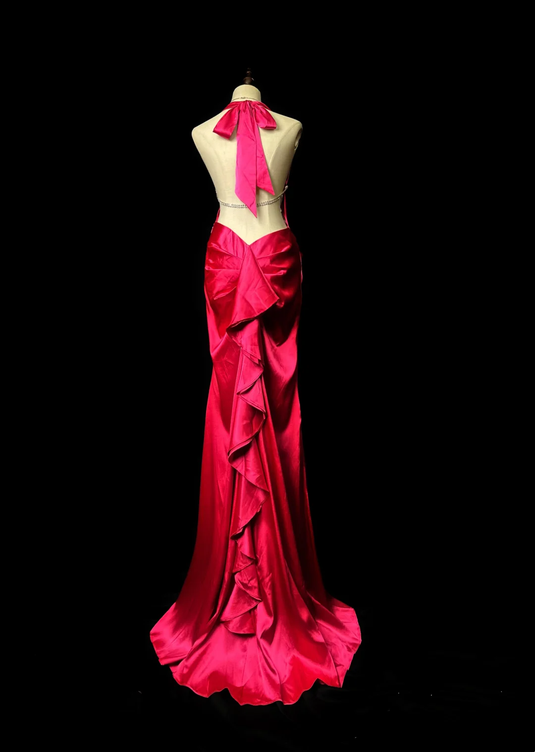 Halter Red Sheath Prom Dress Satin Backless Ruffled Evening Dress  P542