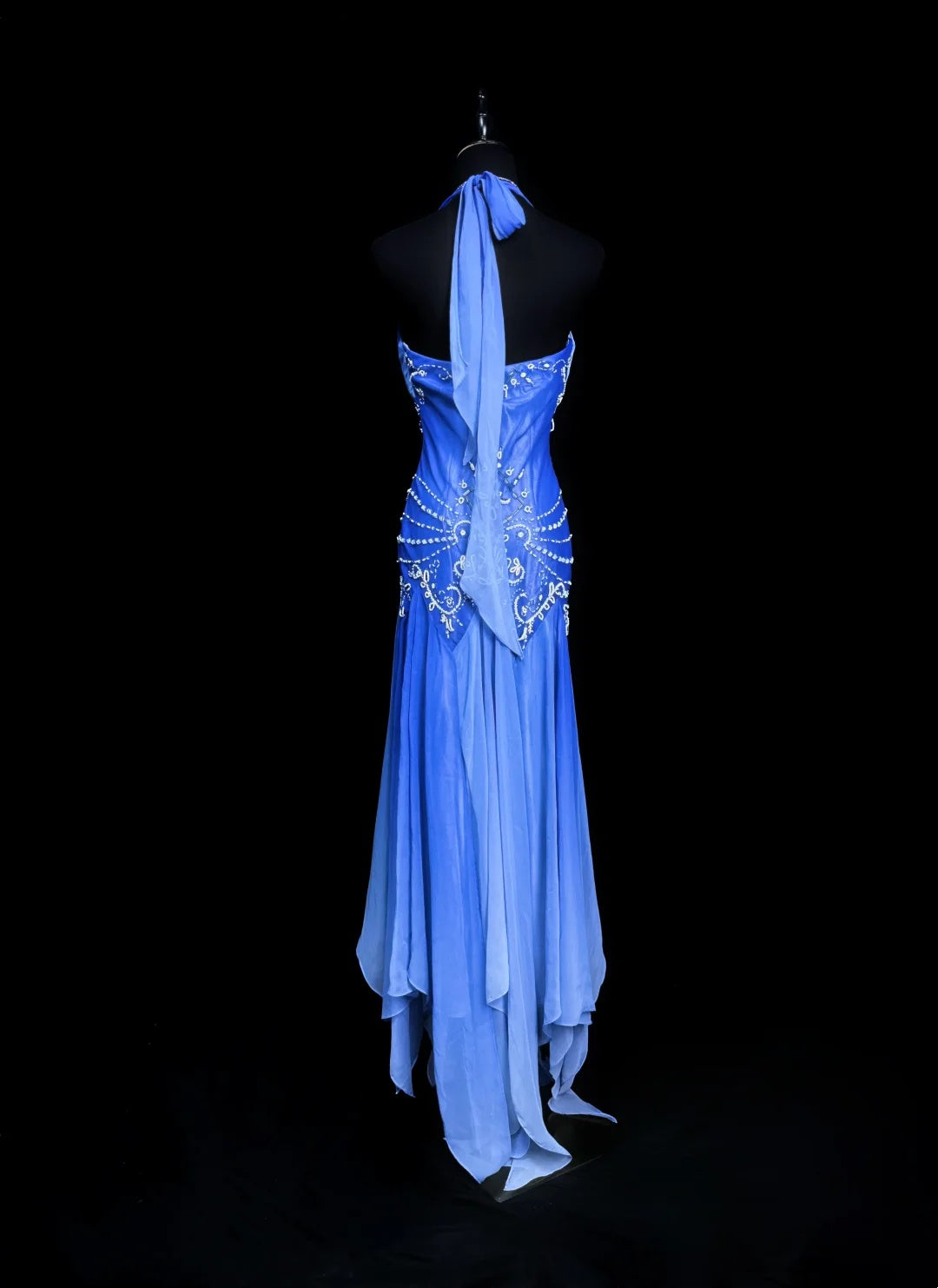 Halter Blue Chiffon Beaded Prom Dress Ruffled Formal Dress  P543