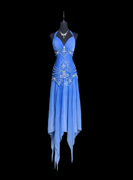Halter Blue Chiffon Beaded Prom Dress Ruffled Formal Dress  P543