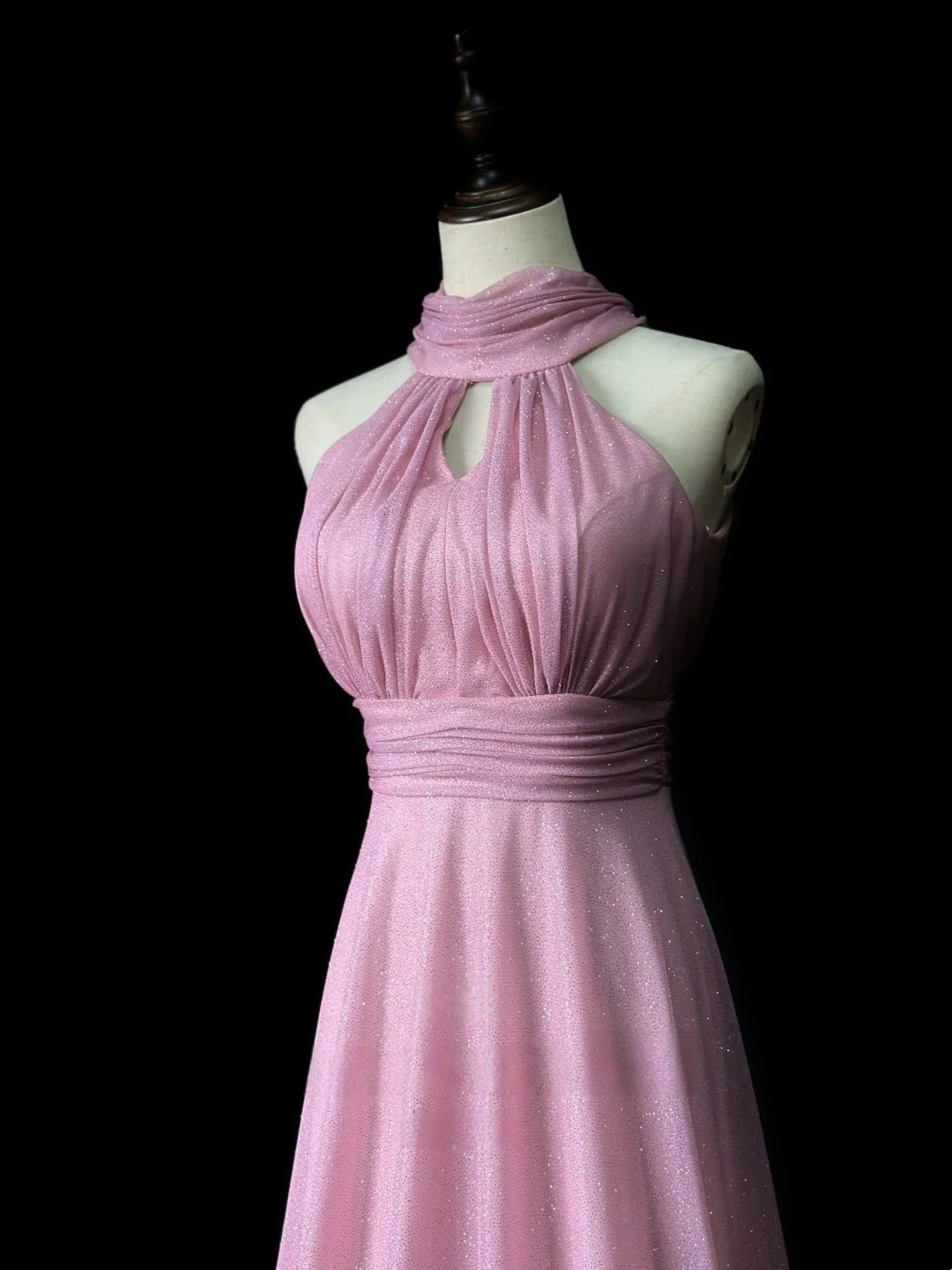 Halter Pink A Line Prom Dress Modest Shiny Formal Party Dress  P547
