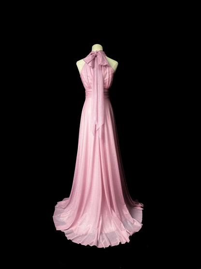 Halter Pink A Line Prom Dress Modest Shiny Formal Party Dress  P547