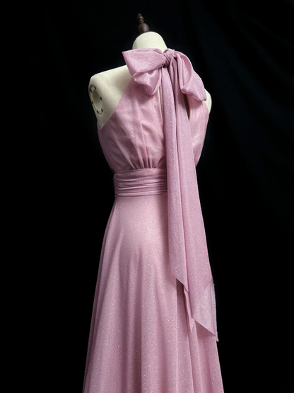 Halter Pink A Line Prom Dress Modest Shiny Formal Party Dress  P547