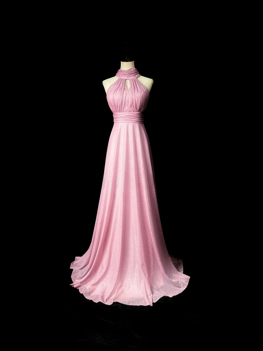 Halter Pink A Line Prom Dress Modest Shiny Formal Party Dress  P547