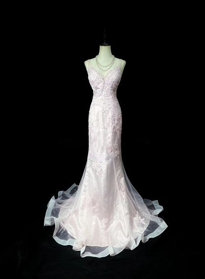 V Neck Pink Mermaid Prom Dress Appliques Evening Dress  P548