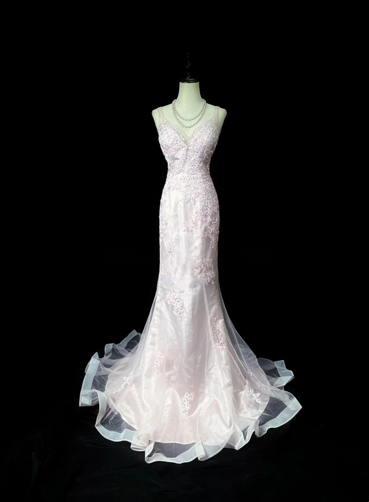 V Neck Pink Mermaid Prom Dress Appliques Evening Dress  P548