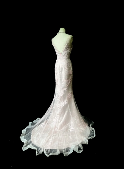 V Neck Pink Mermaid Prom Dress Appliques Evening Dress  P548