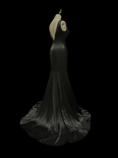V Neck Black Satin Formal Dress Beaded Mermaid Evening Dress  P549