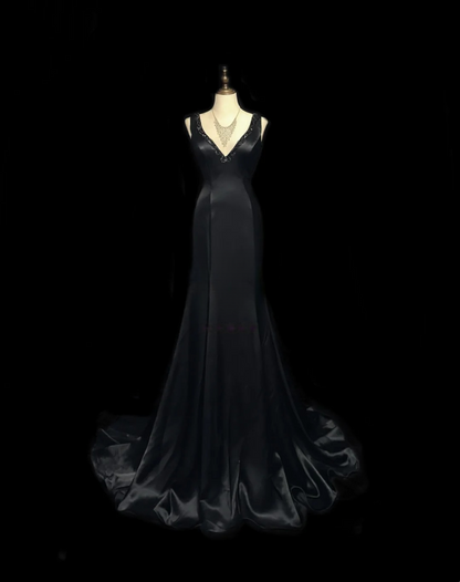 V Neck Black Satin Formal Dress Beaded Mermaid Evening Dress  P549