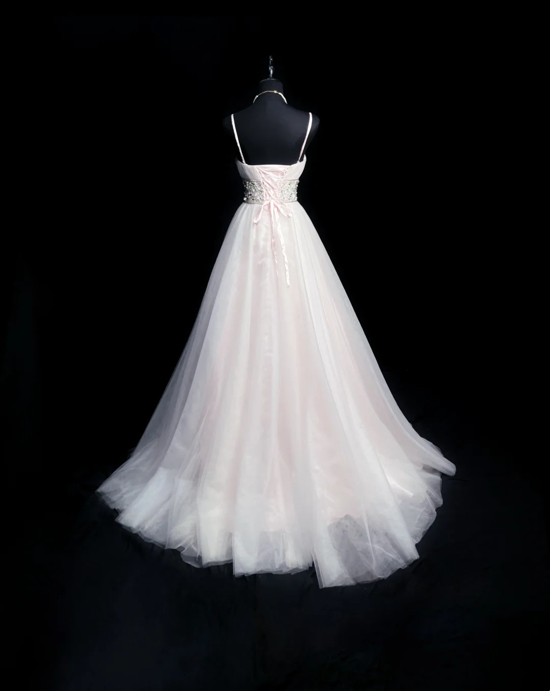 Spaghetti Straps A Line Pink Prom Dress Tulle Beaded Formal Dress  P552