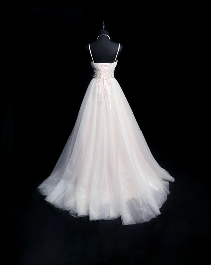 Spaghetti Straps A Line Pink Prom Dress Tulle Beaded Formal Dress  P552