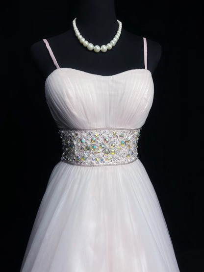 Spaghetti Straps A Line Pink Prom Dress Tulle Beaded Formal Dress  P552