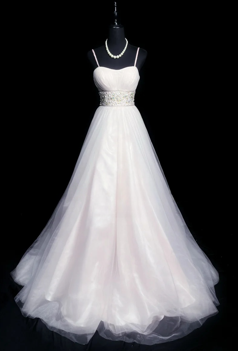 Spaghetti Straps A Line Pink Prom Dress Tulle Beaded Formal Dress  P552