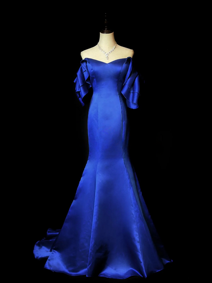 Off The Shoulder Royal Blue Mermaid Prom Dress Satin Ruffled Formal Dress  P554