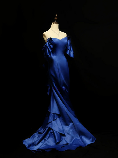 Off The Shoulder Royal Blue Mermaid Prom Dress Satin Ruffled Formal Dress  P554