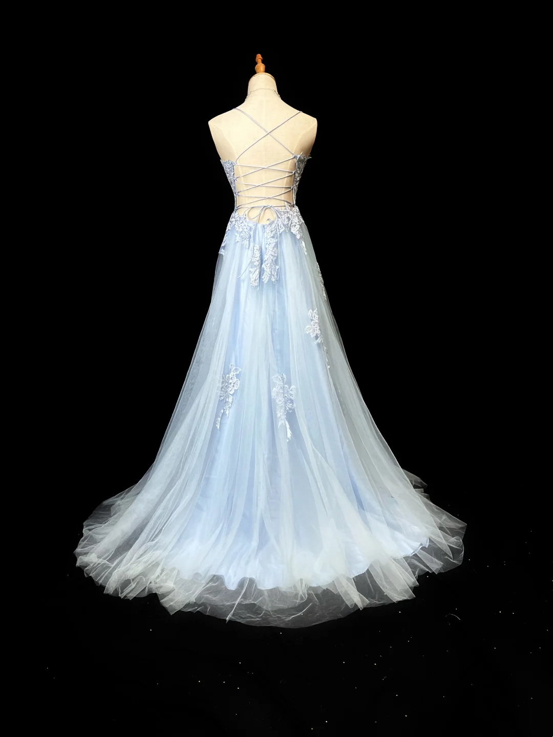 Spaghetti Straps A Line Blue Tulle Prom Dress Appliques Formal Dress  P555