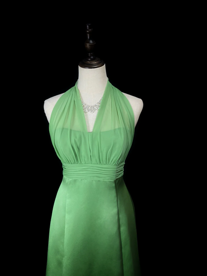 Halter Green Satin Prom Dress A Line Formal Party Dress  P557