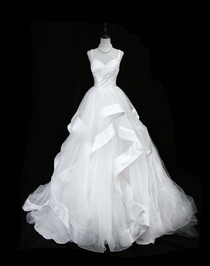 Ball Gown White Tulle Wedding Dress Ruffled Formal Wedding Gown For Bridal  P558