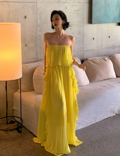 Pleated Yellow Chiffon Wedding Guest Dress Ruffled Formal Dress Holiday Dress  P563