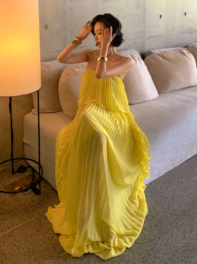 Pleated Yellow Chiffon Wedding Guest Dress Ruffled Formal Dress Holiday Dress  P563