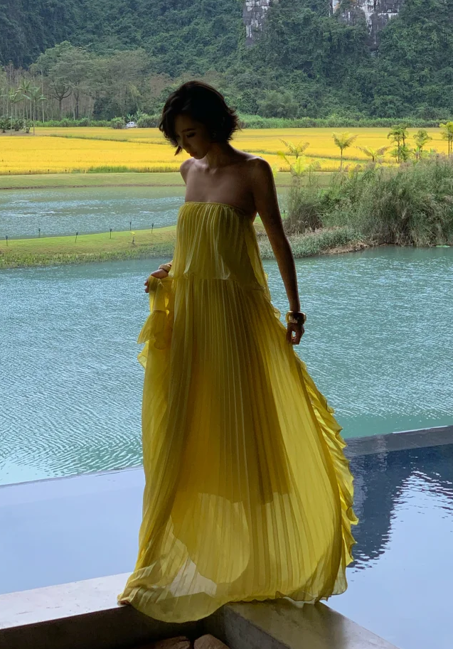 Pleated Yellow Chiffon Wedding Guest Dress Ruffled Formal Dress Holiday Dress  P563