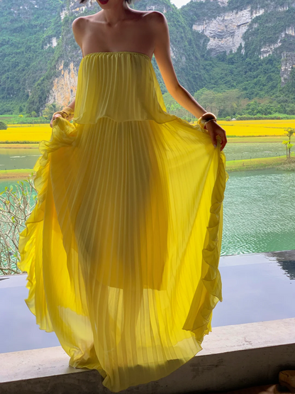 Pleated Yellow Chiffon Wedding Guest Dress Ruffled Formal Dress Holiday Dress  P563