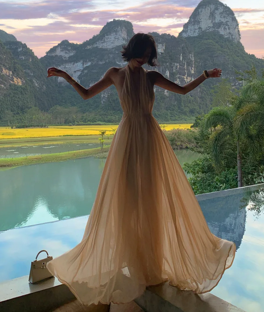 Halter Chiffon Backless Wedding Guest Dress A Line Evening Dress  P564