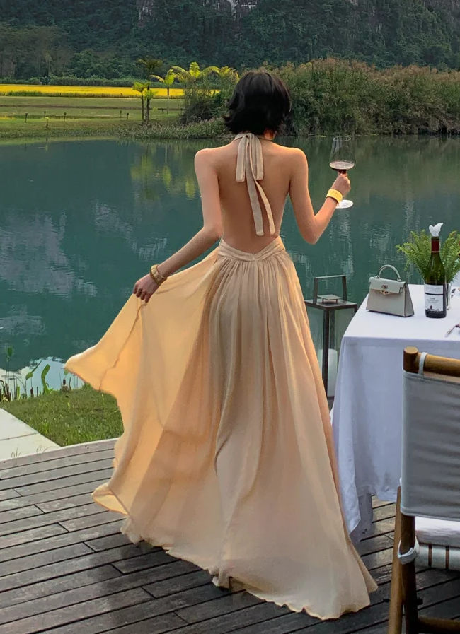 Halter Chiffon Backless Wedding Guest Dress A Line Evening Dress  P564