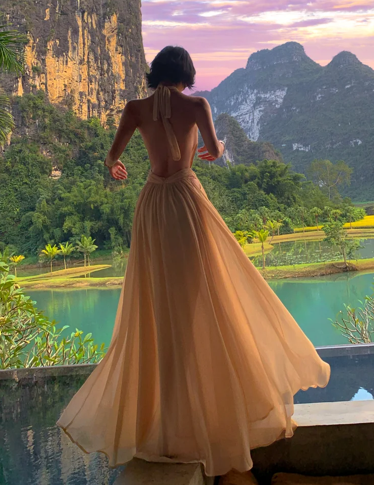 Halter Chiffon Backless Wedding Guest Dress A Line Evening Dress  P564