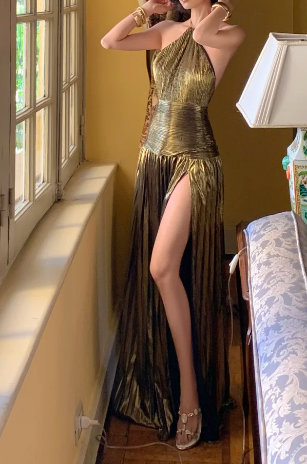 Halter Gold Pleated Prom Dress A Line Formal Evening Dress With Slit   P565