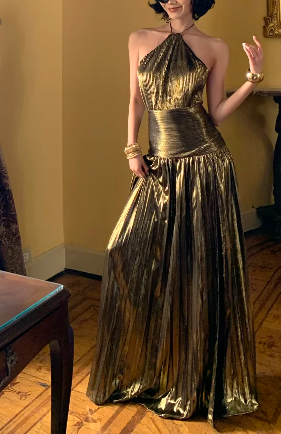 Halter Gold Pleated Prom Dress A Line Formal Evening Dress With Slit   P565