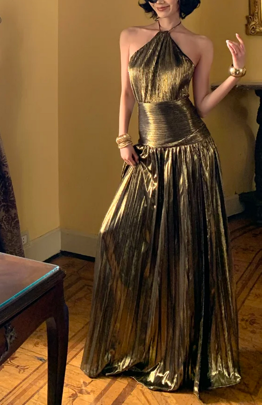 Halter Gold Pleated Prom Dress A Line Formal Evening Dress With Slit   P565