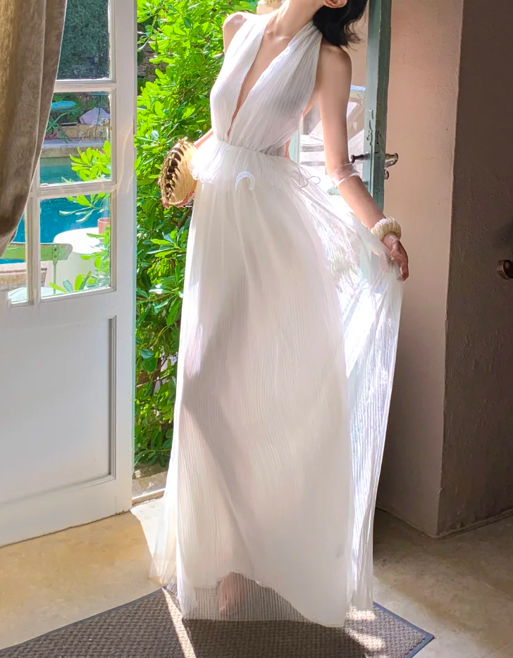 Halter Backless White Wedding Dress V Neck Formal Dress  P566