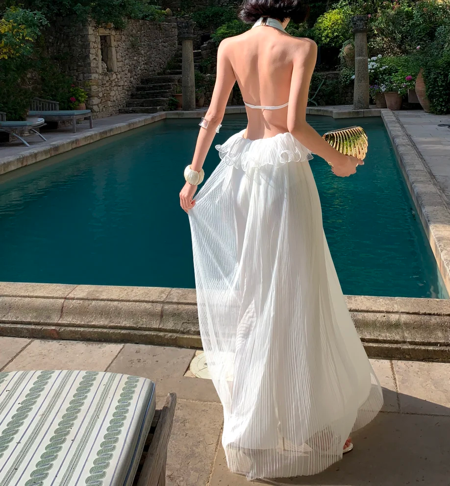 Halter Backless White Wedding Dress V Neck Formal Dress  P566