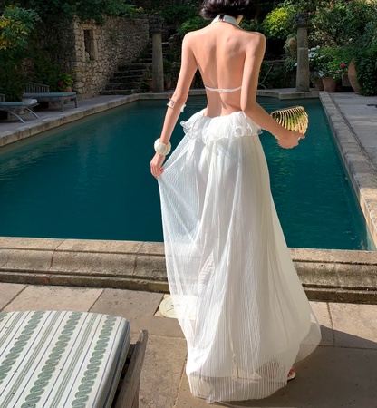 Halter Backless White Wedding Dress V Neck Formal Dress  P566