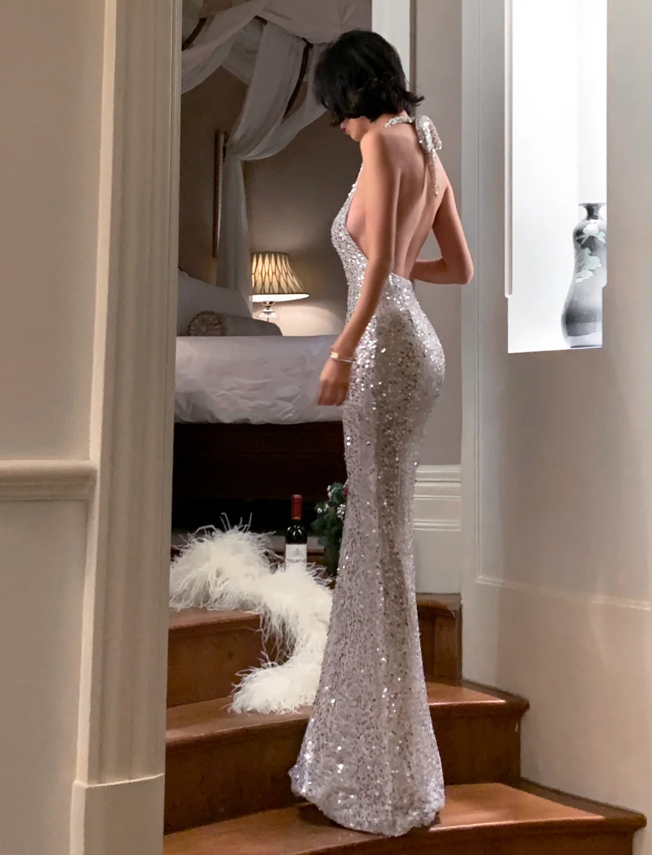 Halter Sheath Sequins Prom Dress Backless Silver Sexy Evening Dress  P568