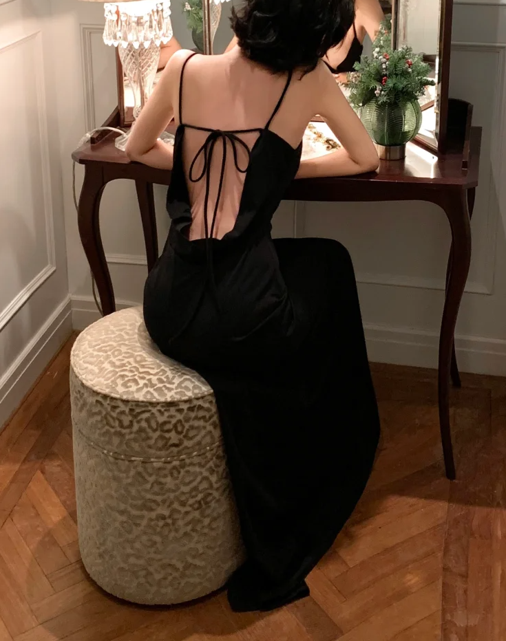 Spaghetti Straps Black Dinner Dress Backless Evening Dress  P569