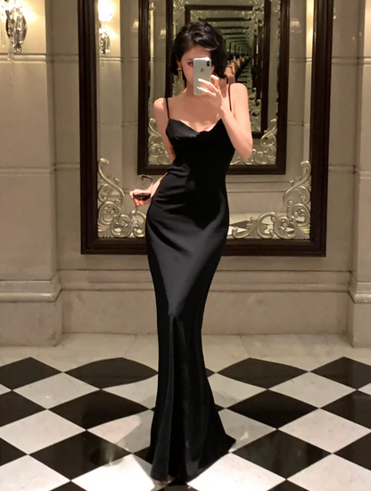 Spaghetti Straps Black Dinner Dress Backless Evening Dress  P569