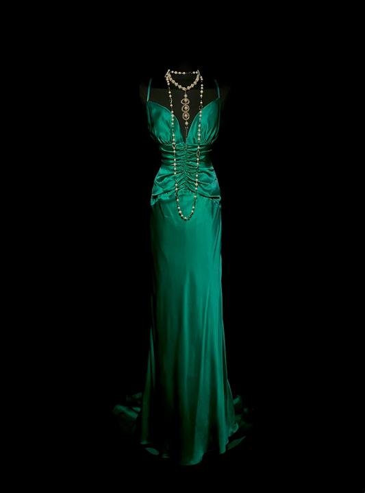 V Neck Green Satin Sheath Prom Dress Formal Evening Dress  P57