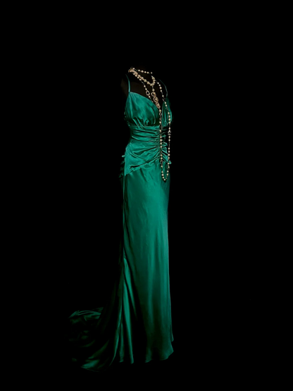 V Neck Green Satin Sheath Prom Dress Formal Evening Dress  P57