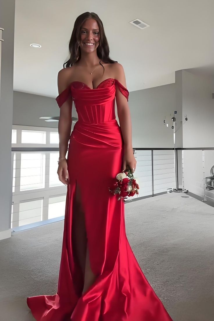 Off The Shoulder Red Mermaid Long Prom Dress With Slit Satin Formal Evening Dress P571