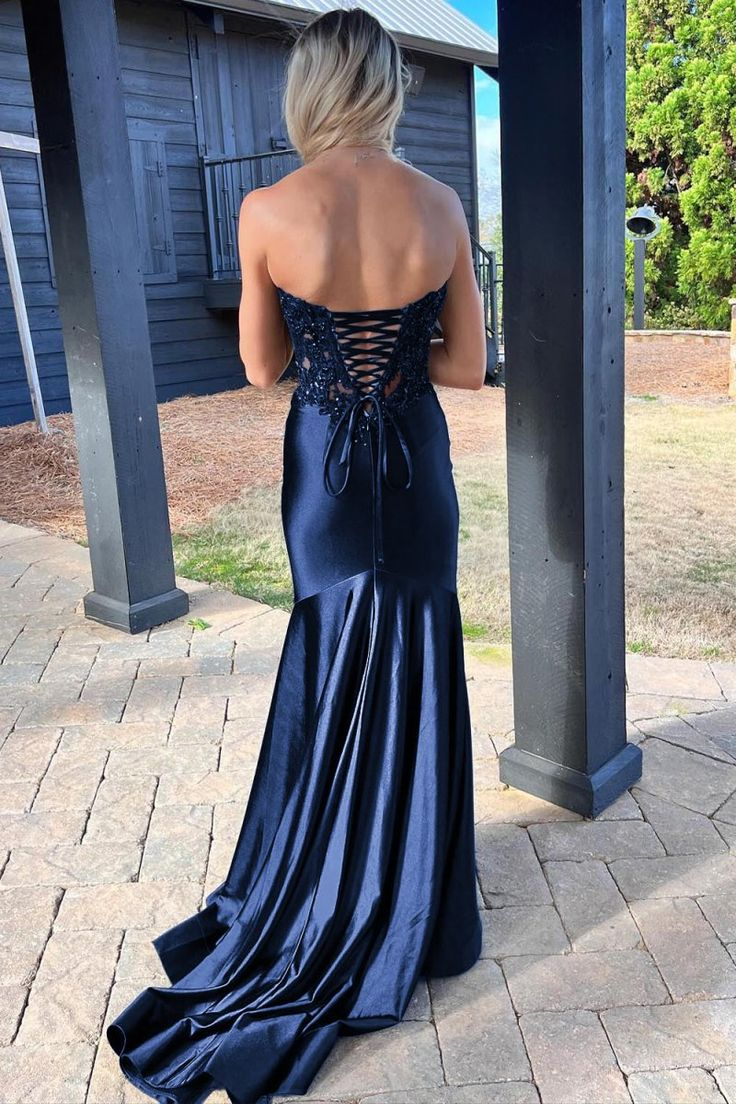 Sweetheart Navy Blue Mermaid Prom Dress With Slit Appliques Formal Dress P572