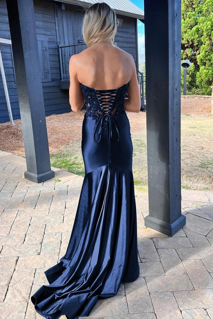Sweetheart Navy Blue Mermaid Prom Dress With Slit Appliques Formal Dress P572