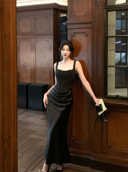 Elegant Black Sheath Satin Prom Dress Formal Party Dress Evening Dress  P577