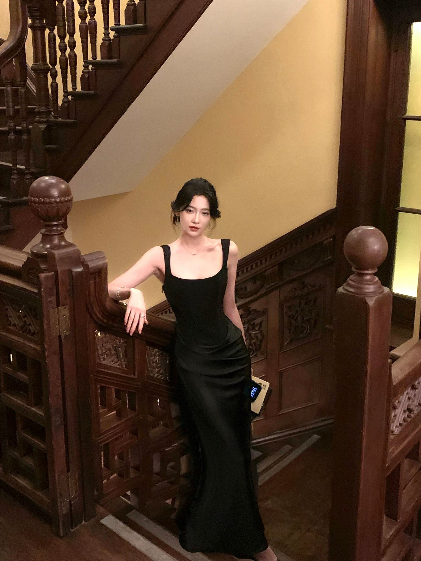 Elegant Black Sheath Satin Prom Dress Formal Party Dress Evening Dress  P577