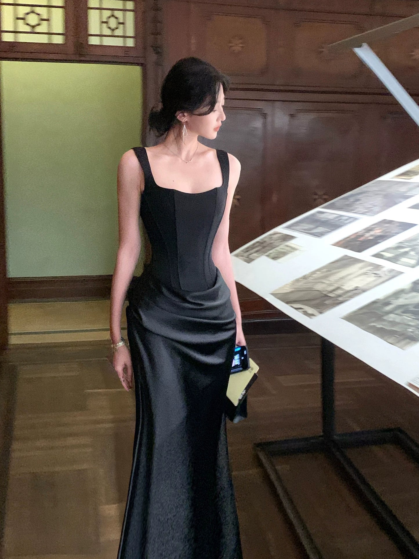 Elegant Black Sheath Satin Prom Dress Formal Party Dress Evening Dress  P577